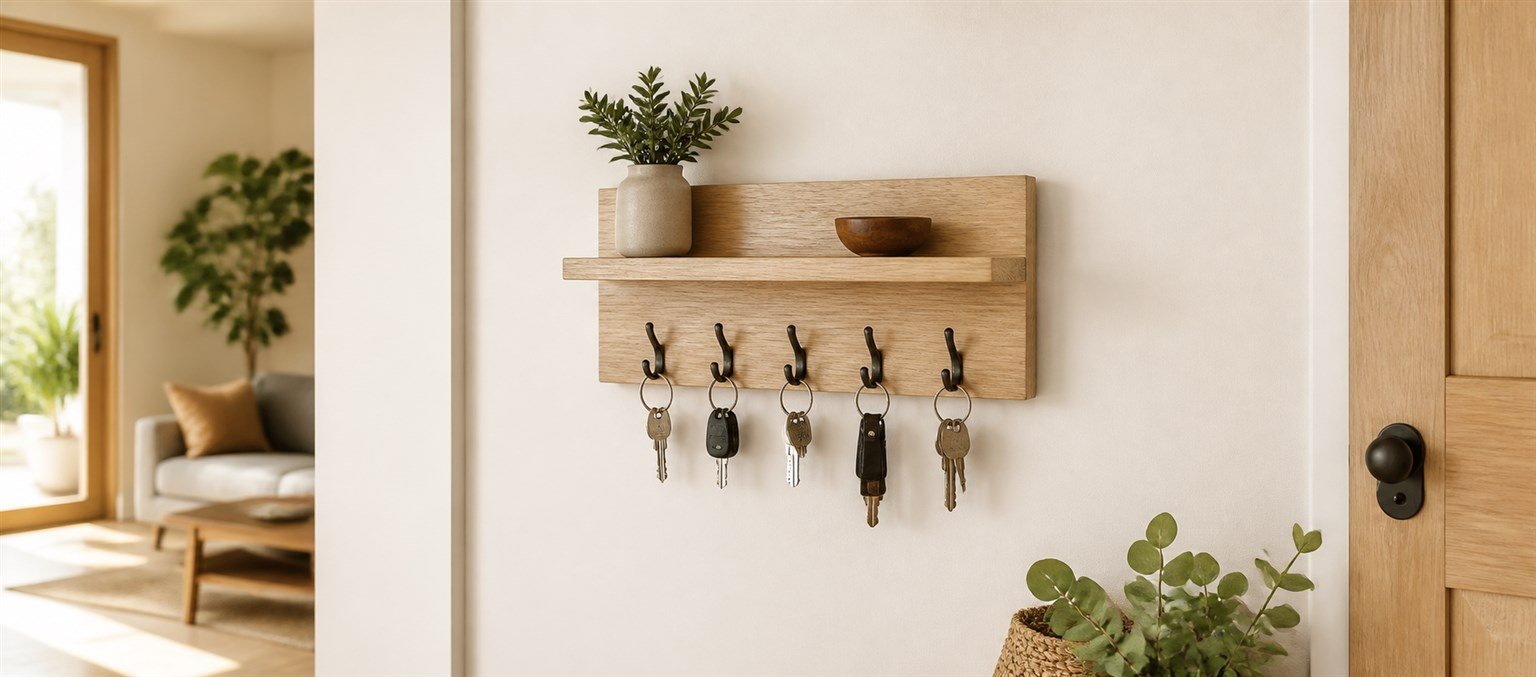 Colgador de llaves de madera en un recibidor ordenado
