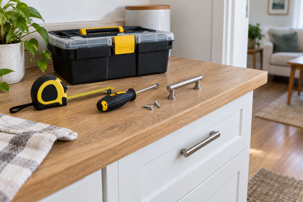 Herramientas básicas listas para ajustar un tirador de mueble en casa