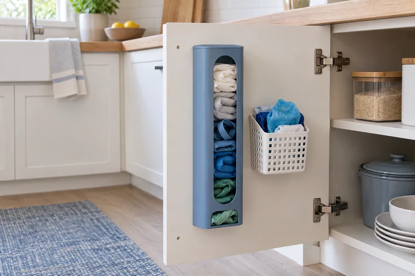 Dispensador vertical para guardar bolsas dentro de un armario de cocina