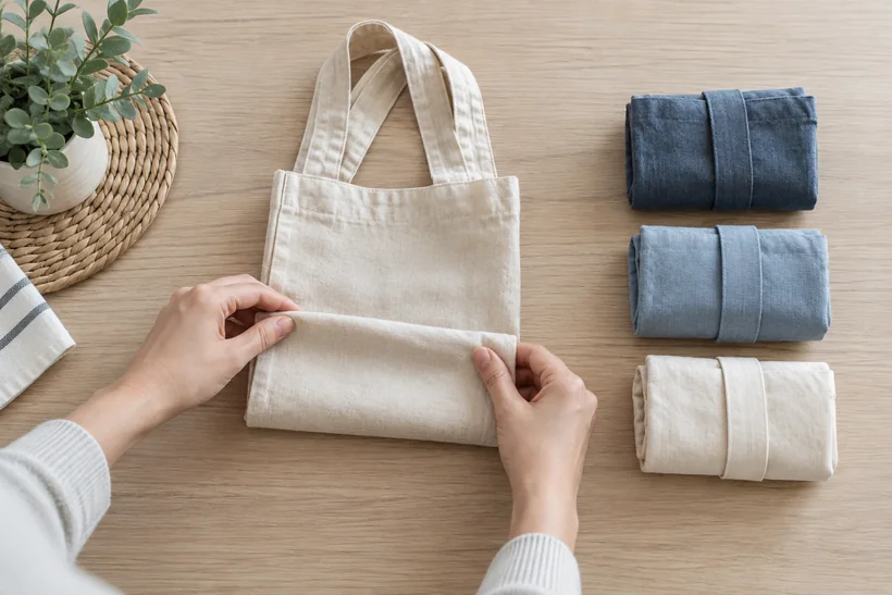 Proceso sencillo para doblar bolsas reutilizables
