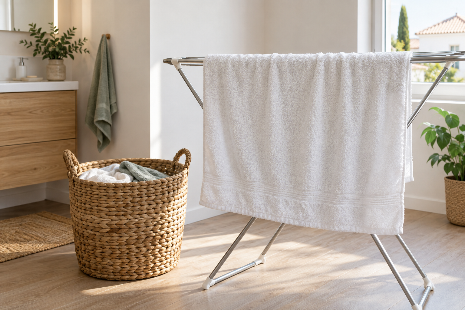 Cesto de ropa y toalla húmeda extendida antes de guardar