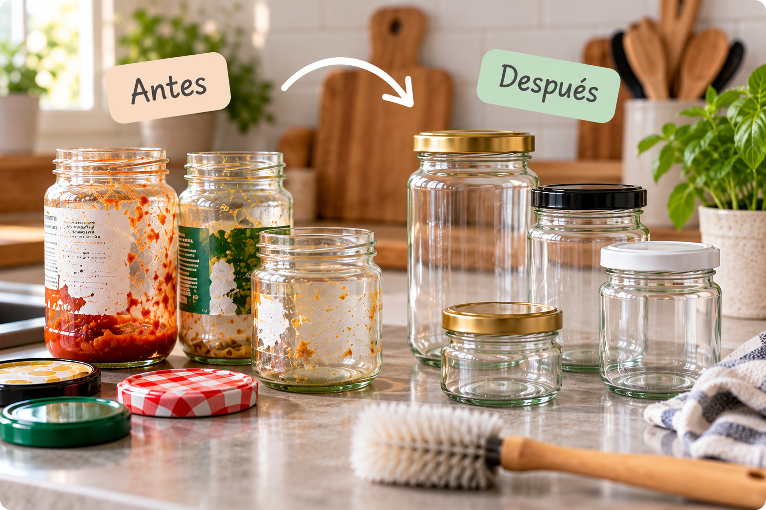 Botes de cristal limpios y sin etiquetas preparados para reutilizar en casa.