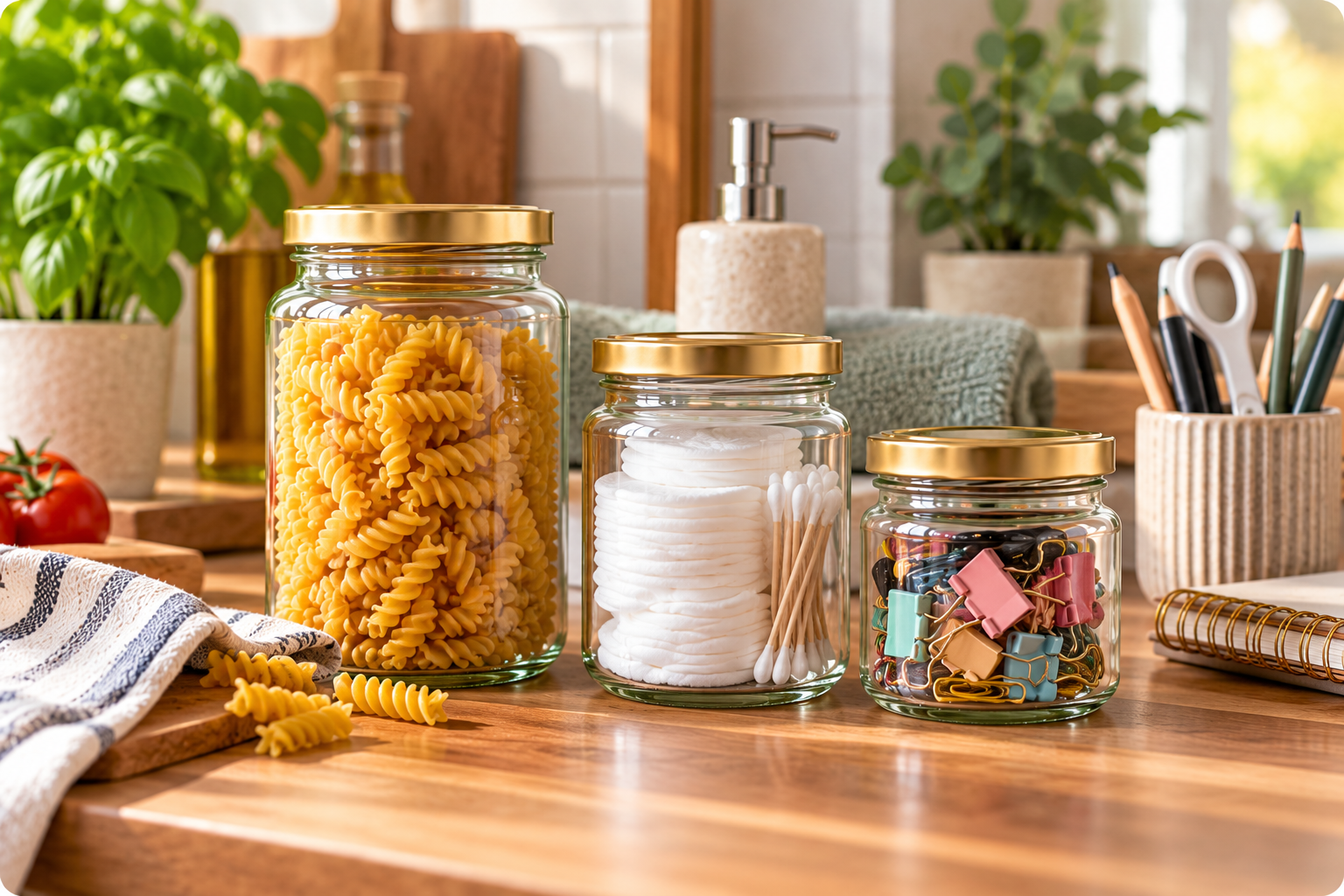 Botes de cristal reutilizados para organizar alimentos, accesorios de baño y material de escritorio.